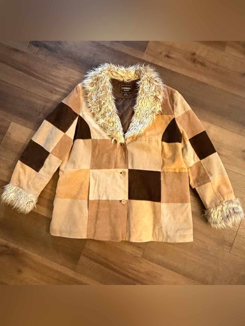 Vintage Y2K Leather Suede Patchwork Penny Lane Faux Fur Collar Coat Womens 2X